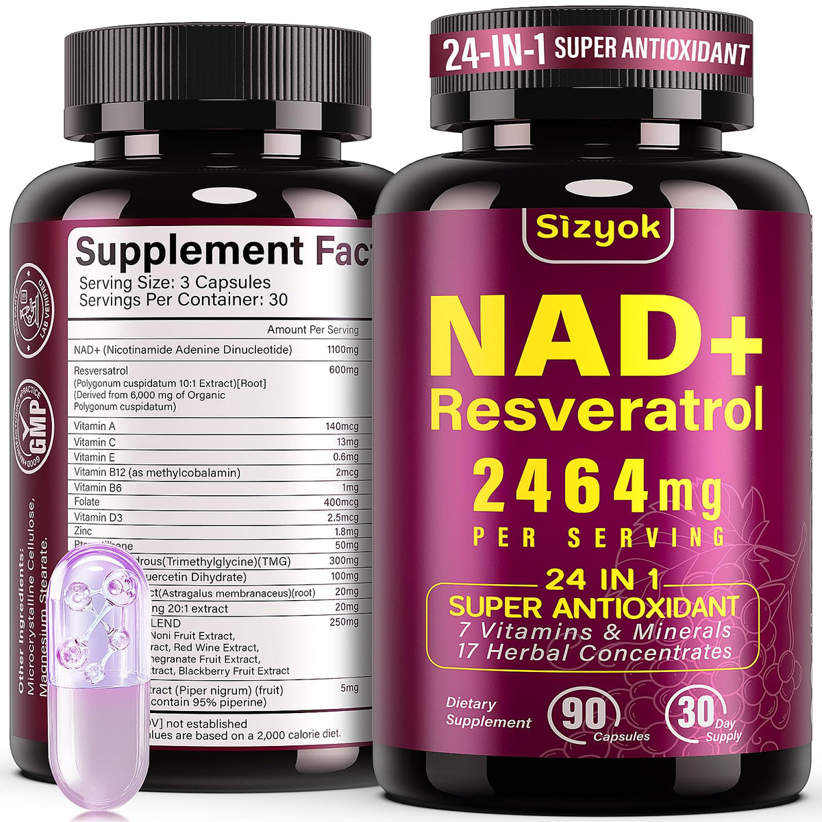 Sizyok complément NAD 1100mg et resvératrol 600mg, côté du flacon