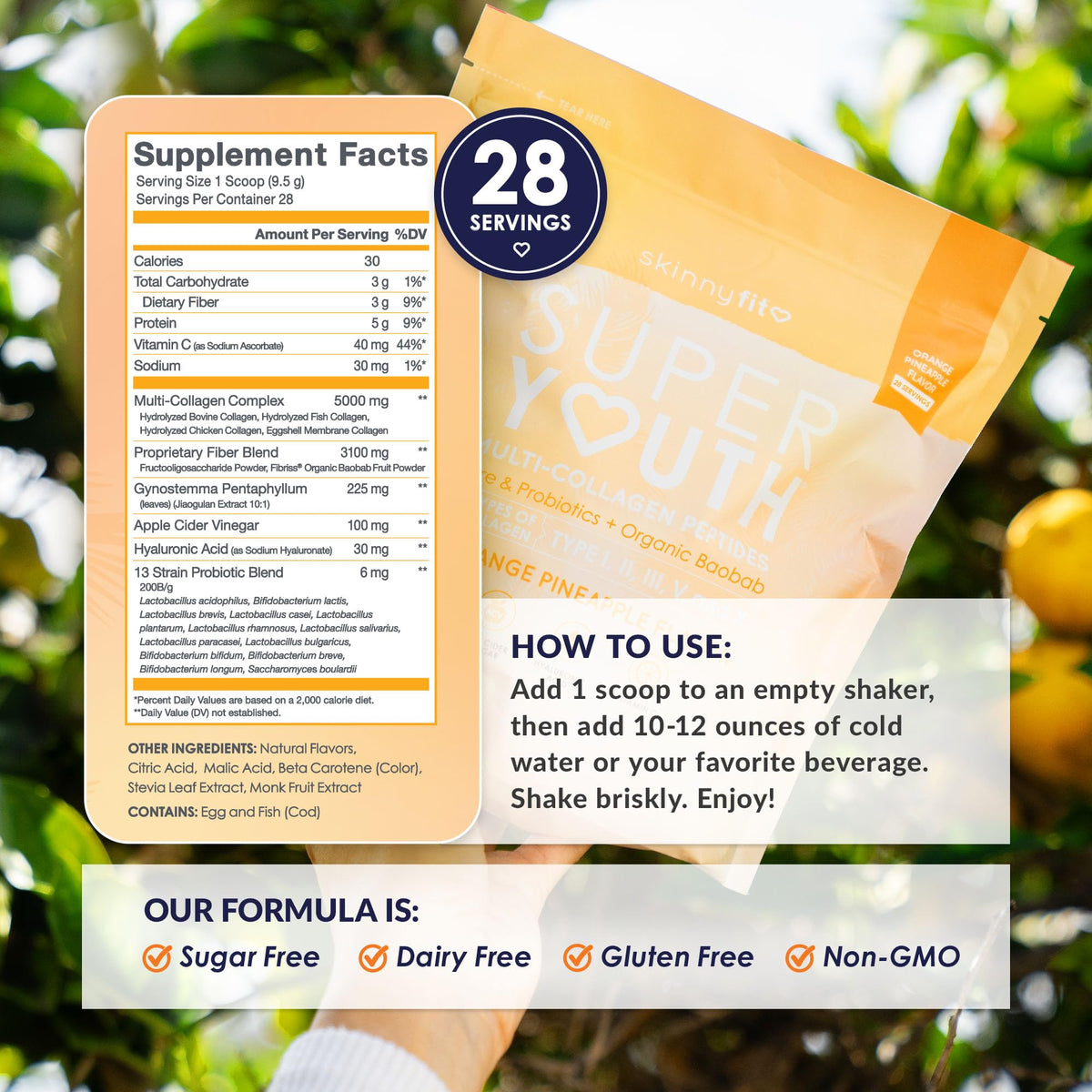 SkinnyFit Super Youth Collagen Poudre Orange Ananas 281g dans un shaker