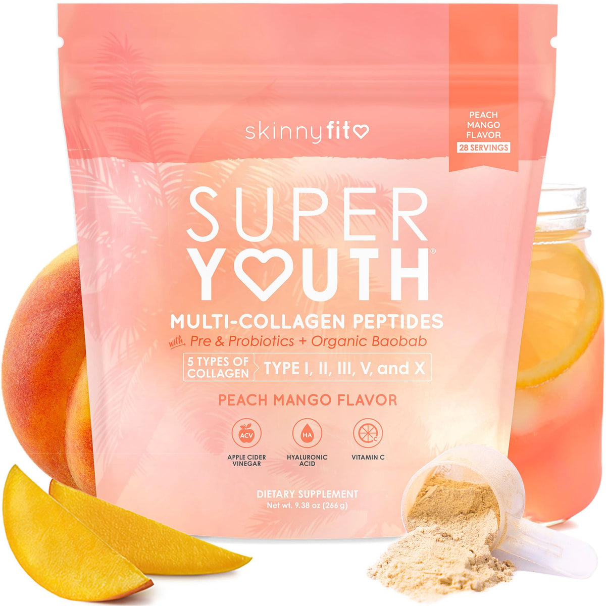 SkinnyFit Super Youth Collagène Poudré 381g - Pêche Mangue, vue de face