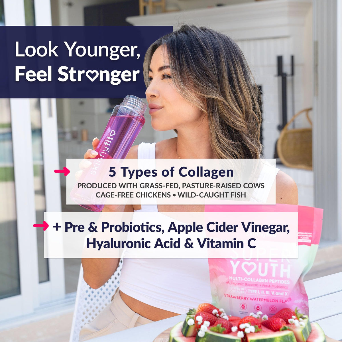 SkinnyFit Super Youth Collagène Poudre avec mesure, saveur fraise pastèque