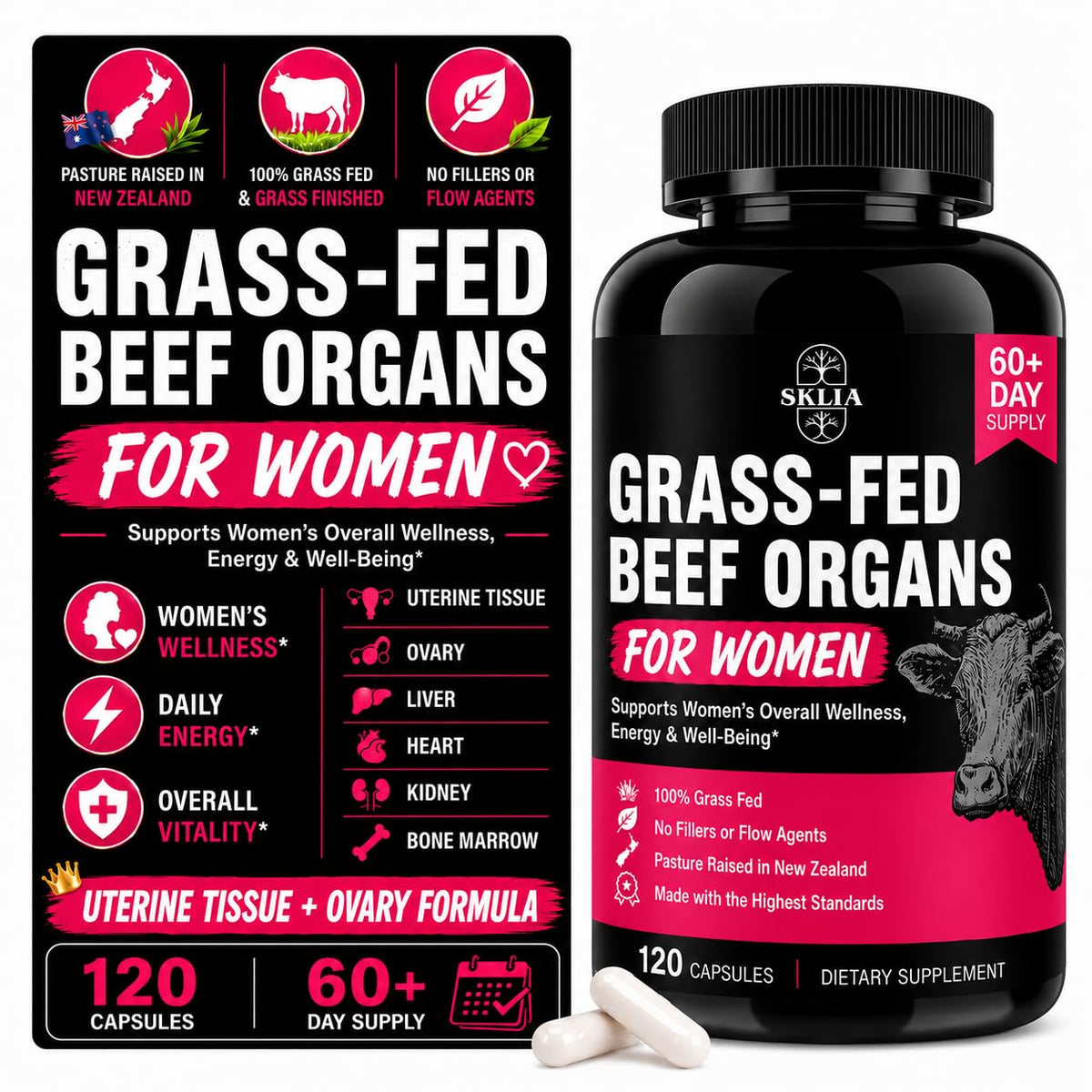 SKLIA Complément Alimentaire Organes de Bœuf 120 Capsules vue de face