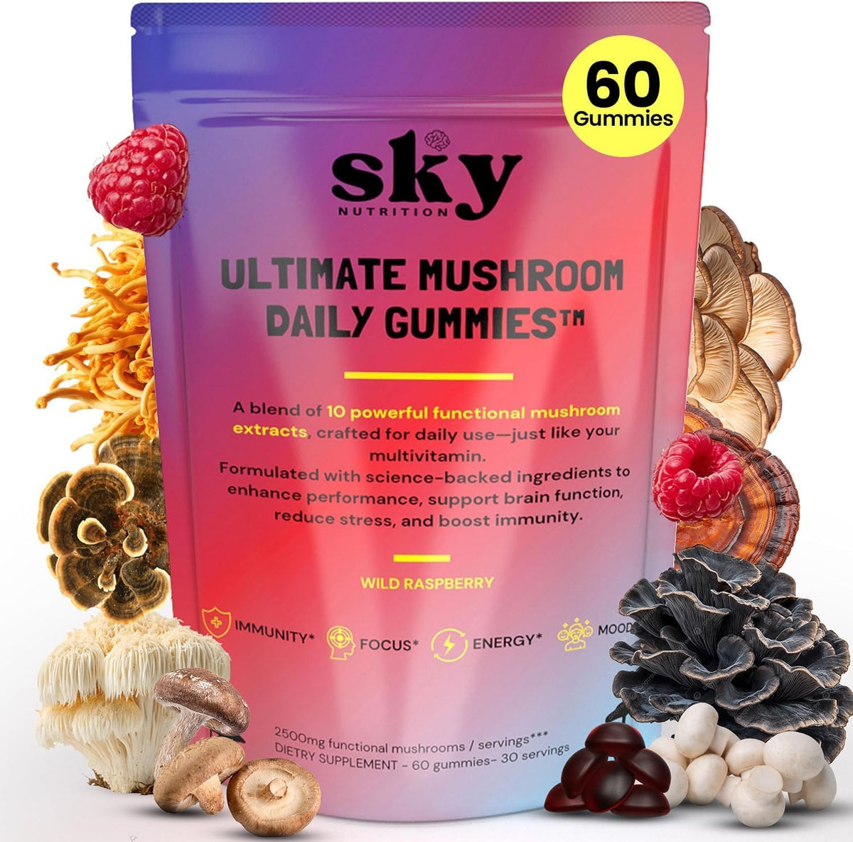 SkyNutrition Gummies Complex Champignons 10-en-1 boîte de 60 gummies