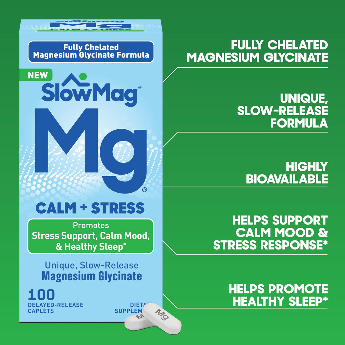 Slow-Mag Magnésium Glycinate comprimés à côté d'un verre d'eau
