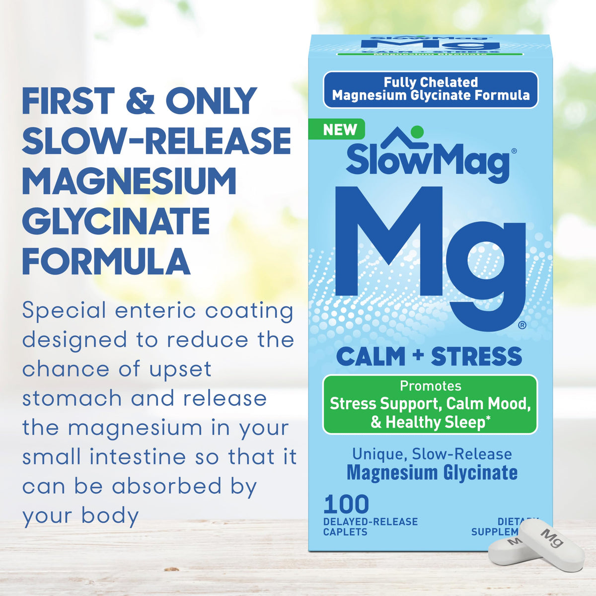 Slow-Mag Magnésium Glycinate comprimés sur une surface blanche