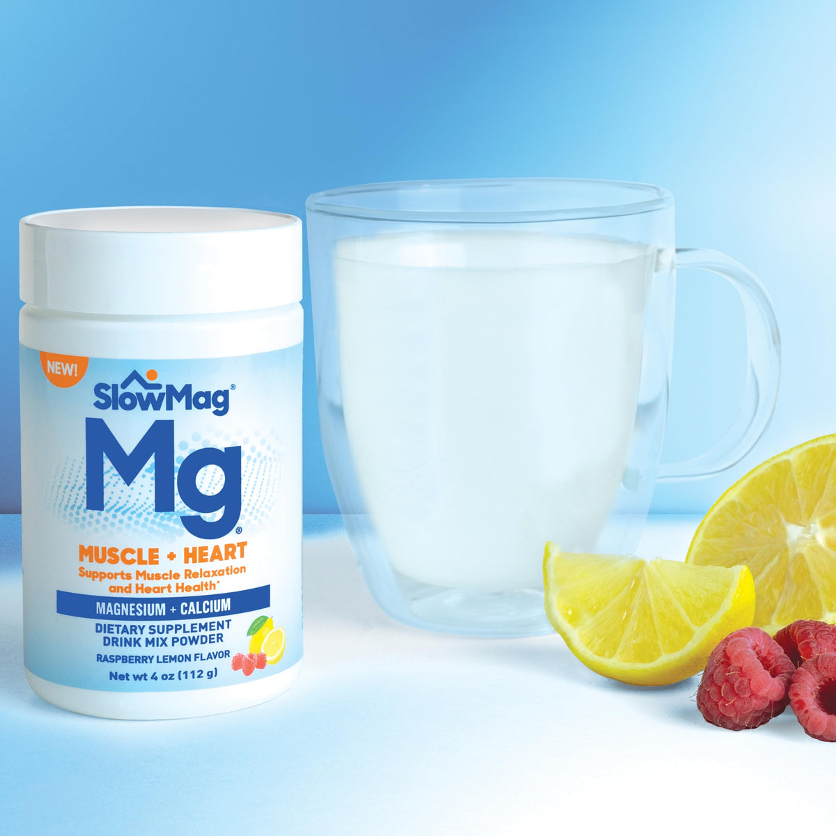 Slow-Mag Poudre de Magnésium + Calcium 132g Saveur Framboise Citron emballage