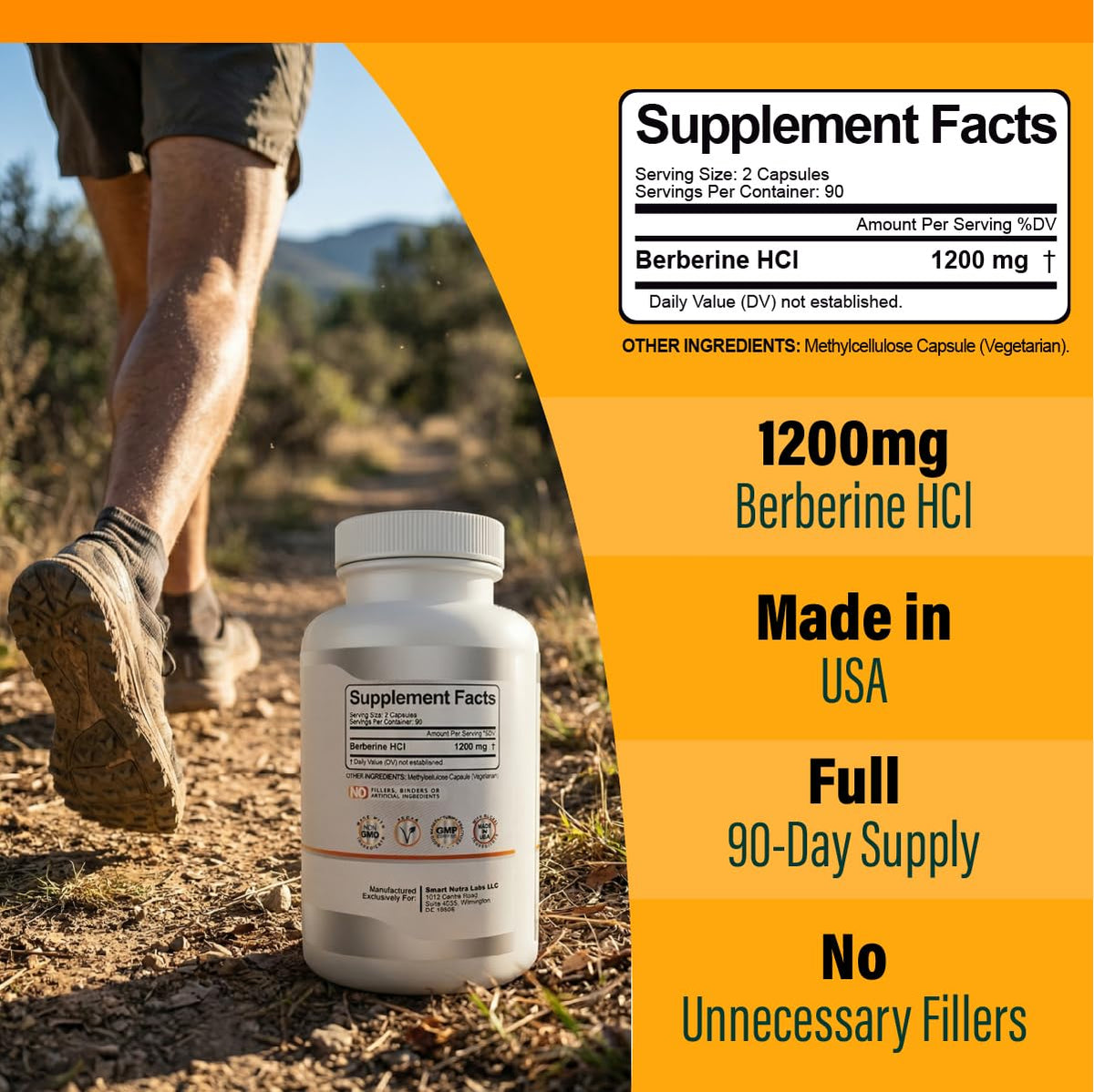 Smart Nutra Labs Berbérine HCL 1200mg Capsules Végétales Près d'un Échantillon d'Ingrédients
