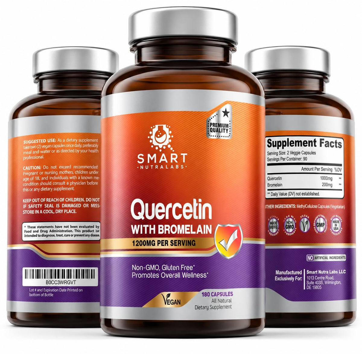 Smart Nutra Labs Quercétine avec Bromélaïne 1200mg 180 capsules végétales vue de face