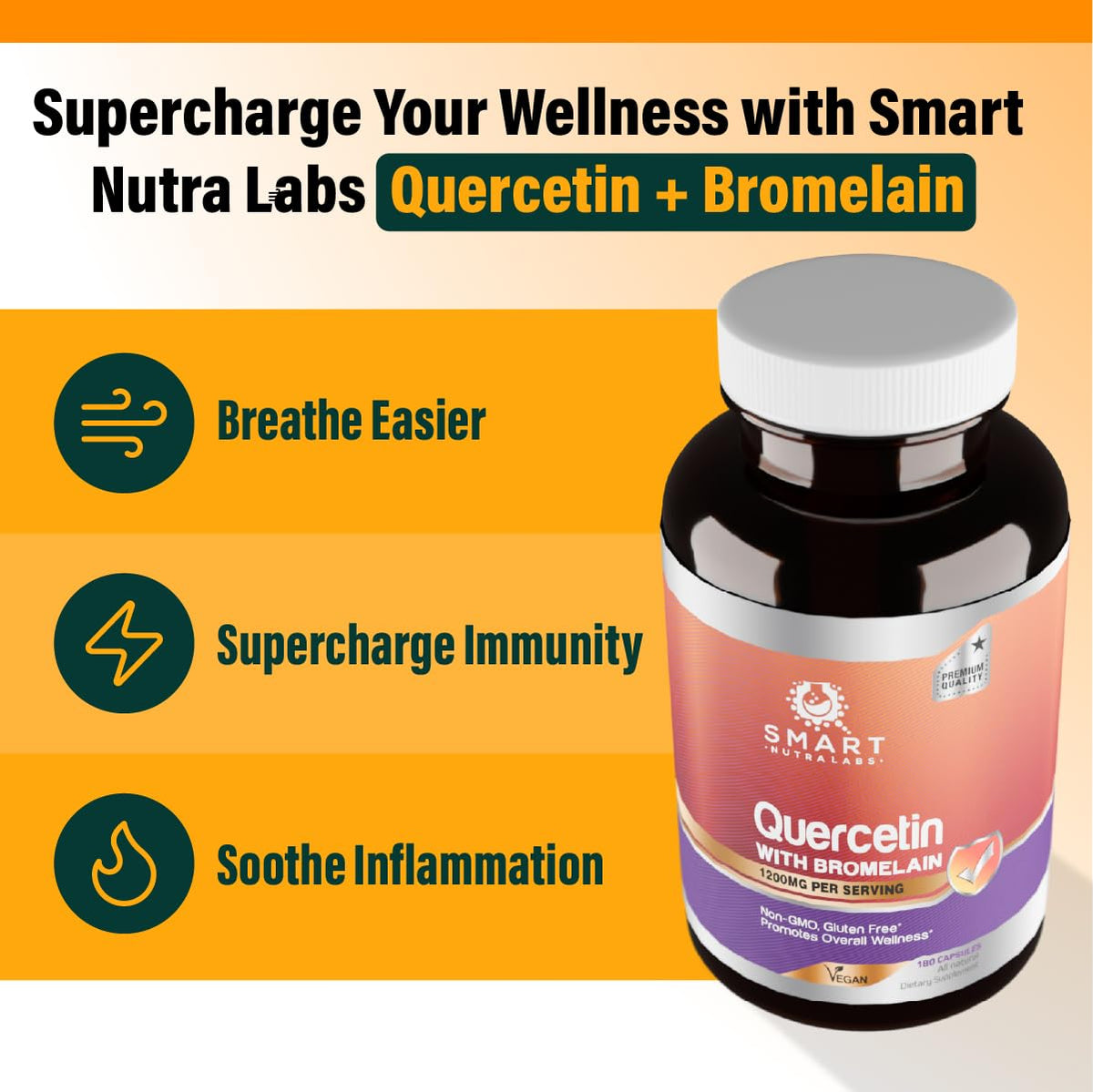 Smart Nutra Labs Quercétine avec Bromélaïne 1200mg capsules végétales ouvertes