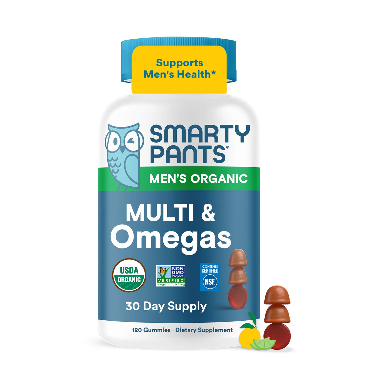 SmartyPants gummies bio pour hommes, présentation avant avec étiquettes claires