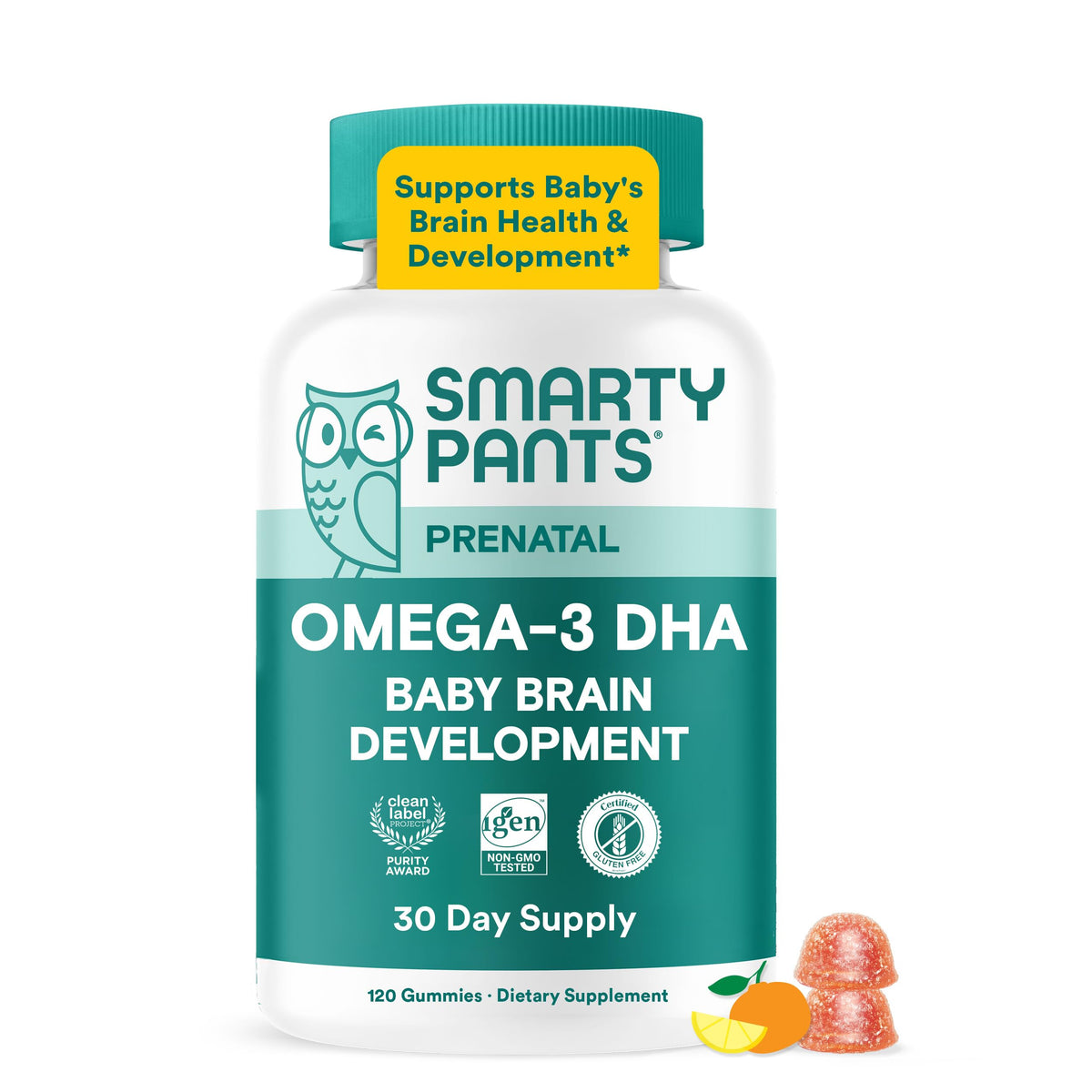 SmartyPants Gummies Oméga 3 DHA prénatales 120 gummies vue de face