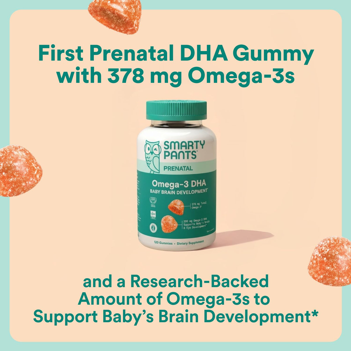 SmartyPants Gummies Oméga 3 DHA prénatales flacon avec étiquette