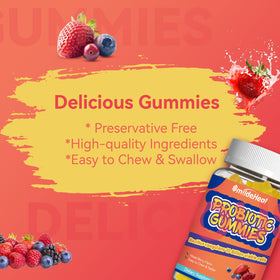 SmildeHeal Gummies Probiotiques 60 Comp. sur une table avec des fruits