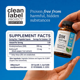 SMNutrition DIM 200 mg, flacon ouvert avec capsules visibles