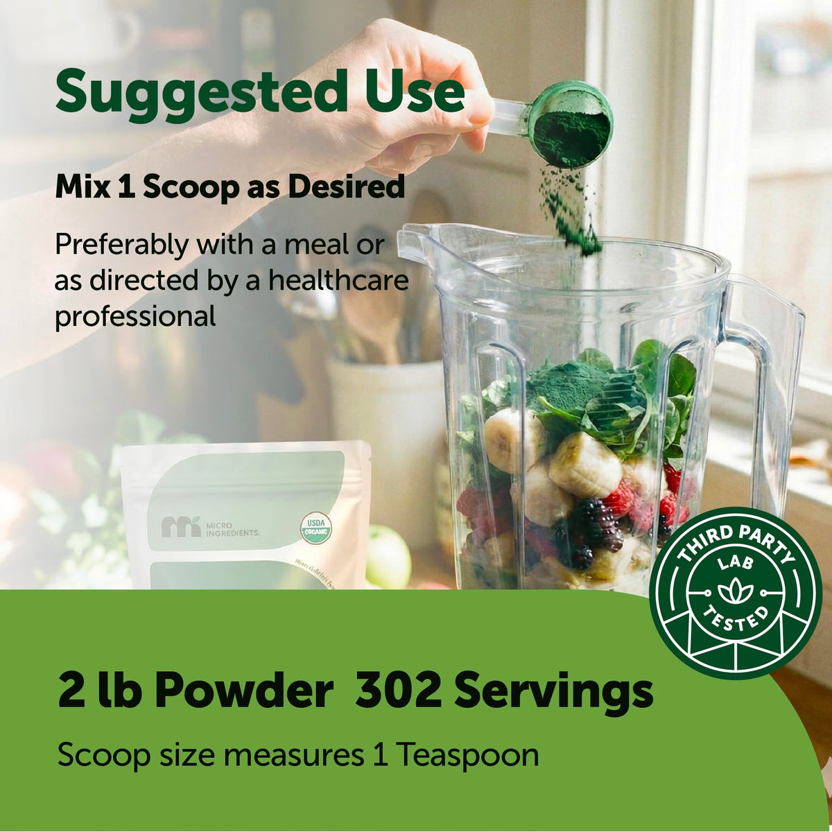 Smoothie préparé avec de la poudre de spiruline Micro Ingredients