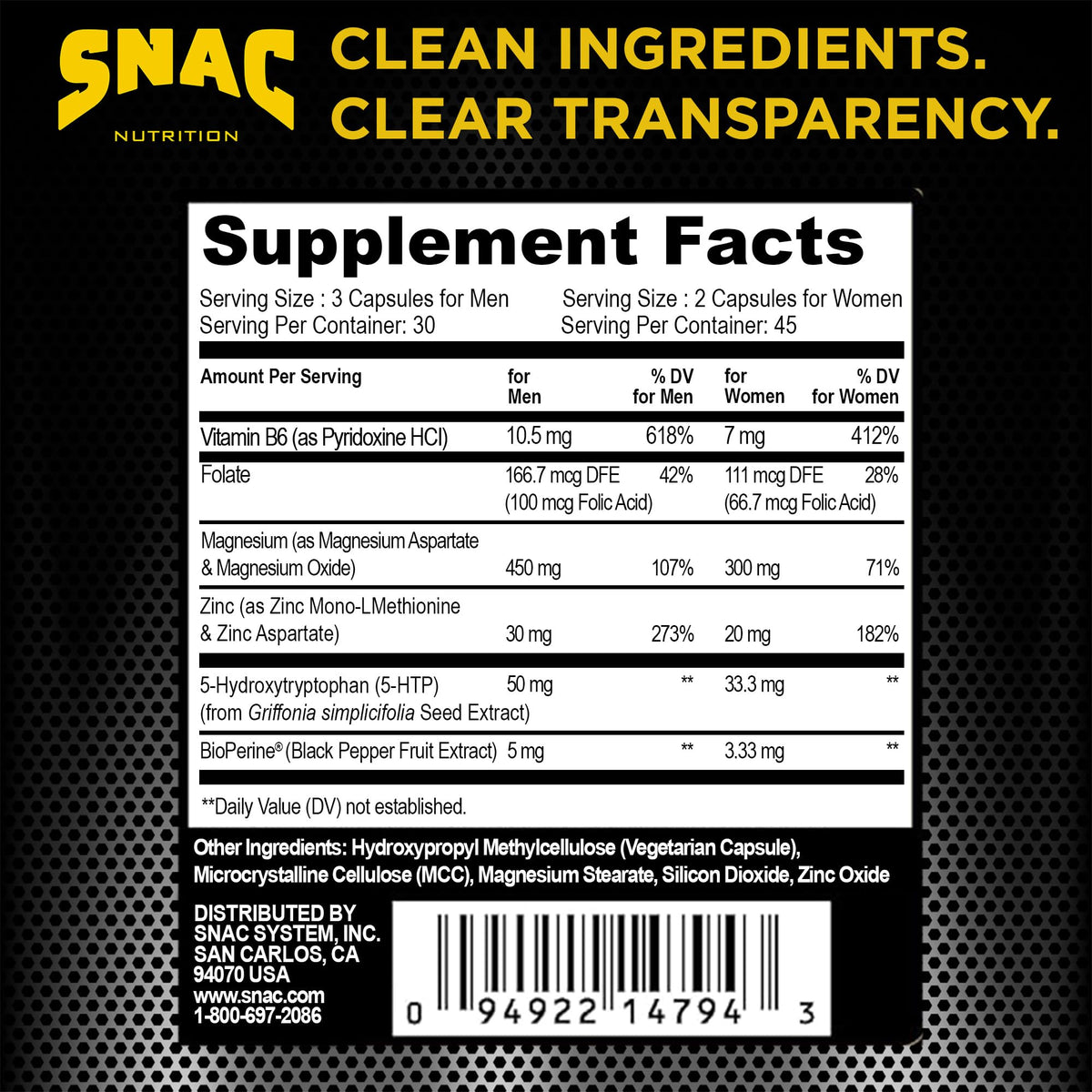 SNAC ZMA-5 Complément Minéral 180 Capsules - Détails des capsules