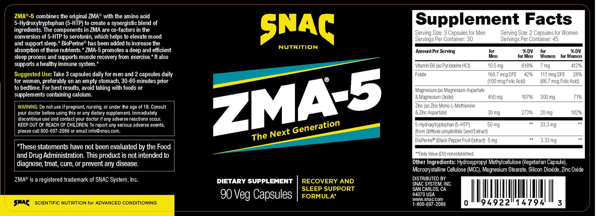 SNAC ZMA-5 Complément Minéral 90 Capsules avec étiquette