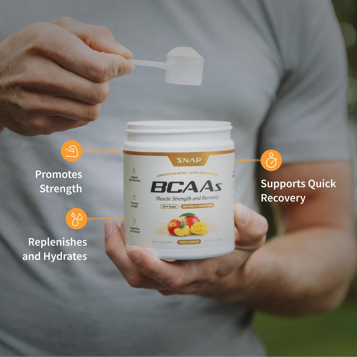 Snap Supplements BCAA Poudre 340g avec le couvercle ouvert