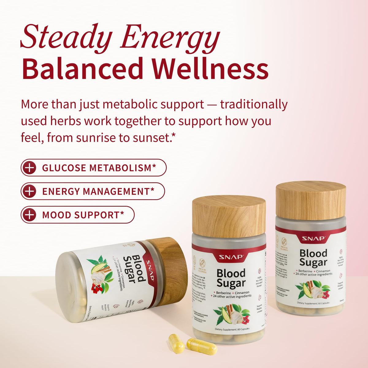 Snap Supplements mélange de sucre sanguin 60 capsules végétaliennes avec une cuillère