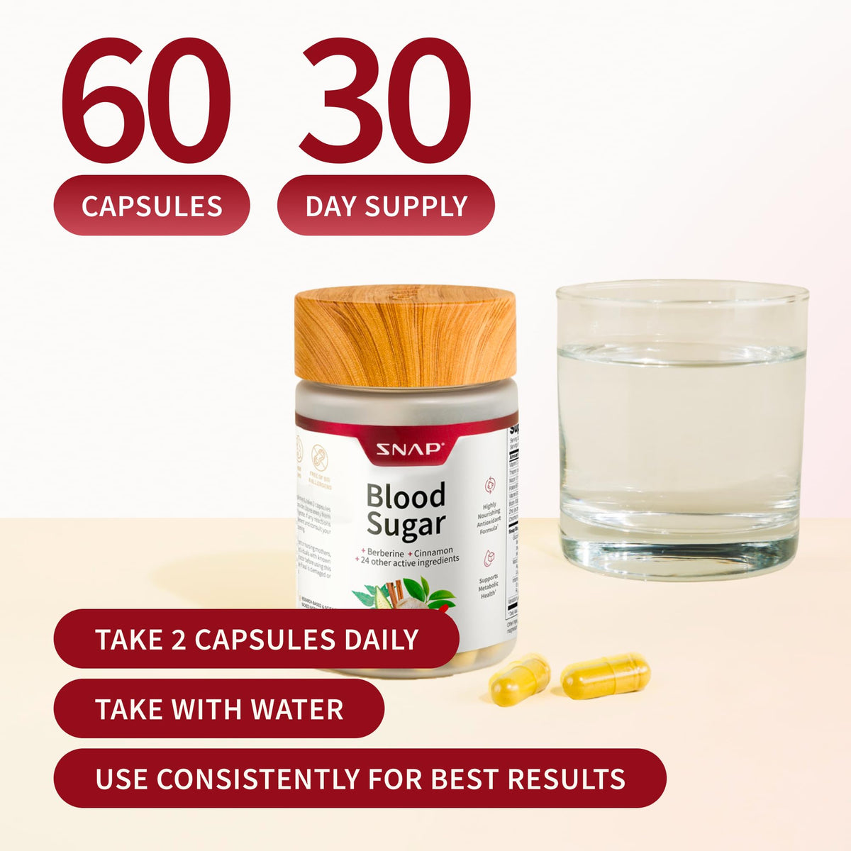 Snap Supplements Mélange de Sucre Sanguin avec un verre d'eau