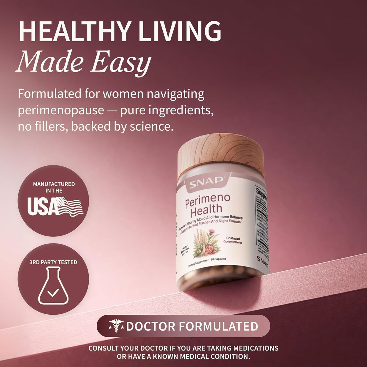 Snap Supplements Perimeno capsules sur une table