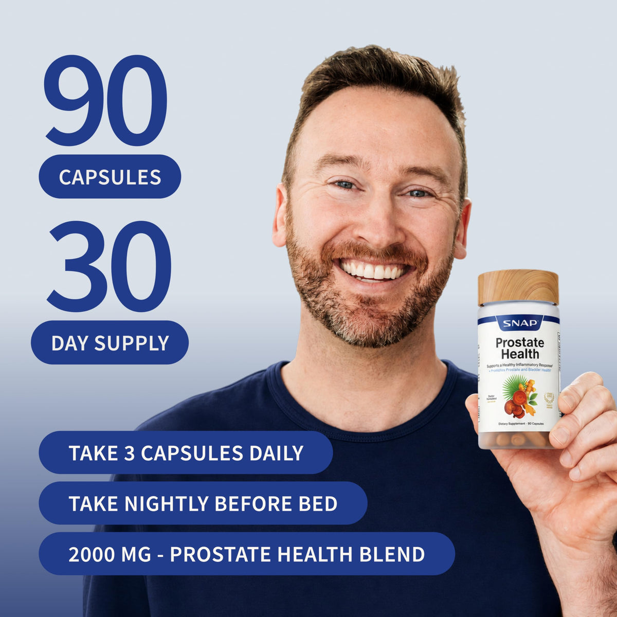 Snap Supplements Prostate, capsules sur une table avec un verre d'eau