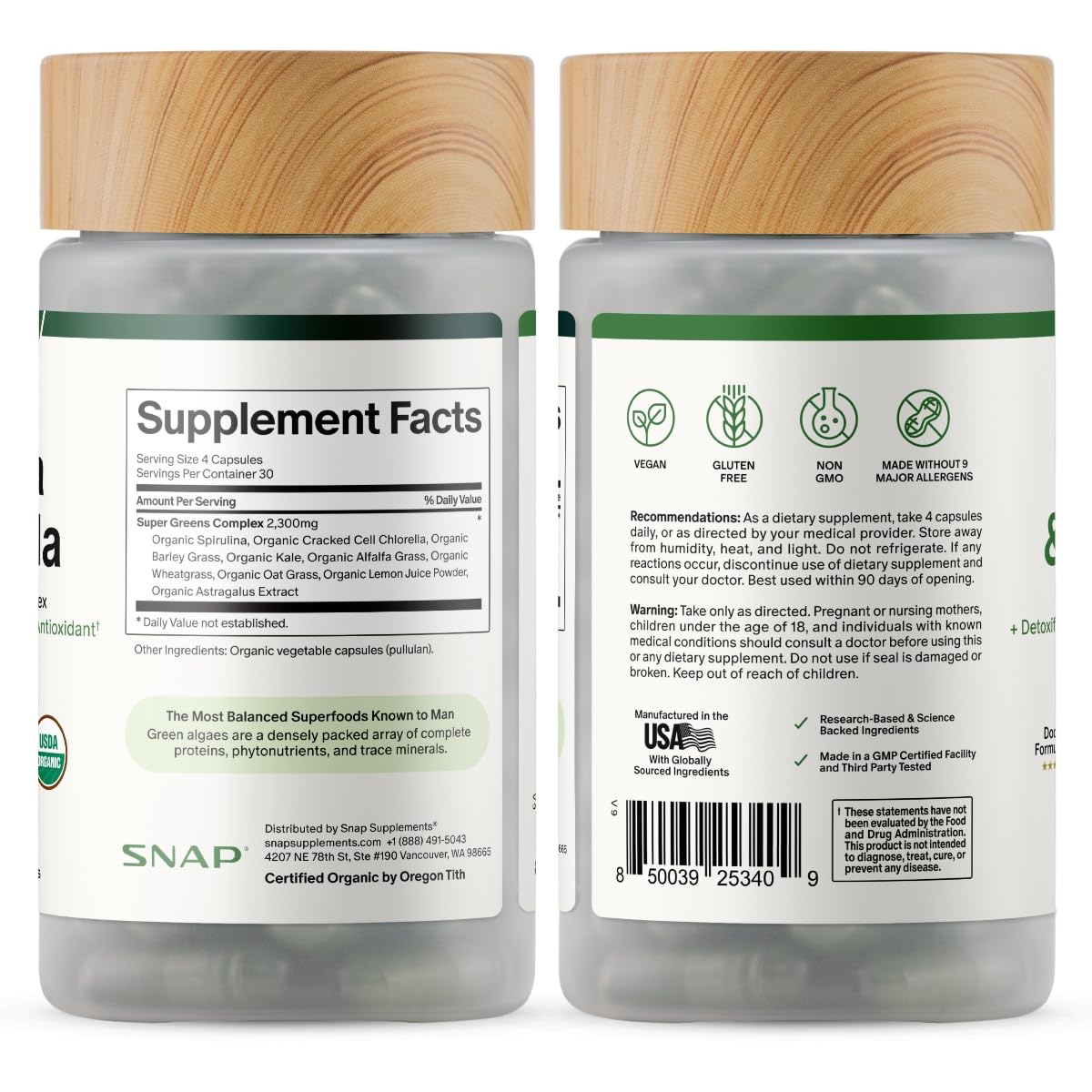 Snap Supplements Spiruline Chlorelle sur fond blanc
