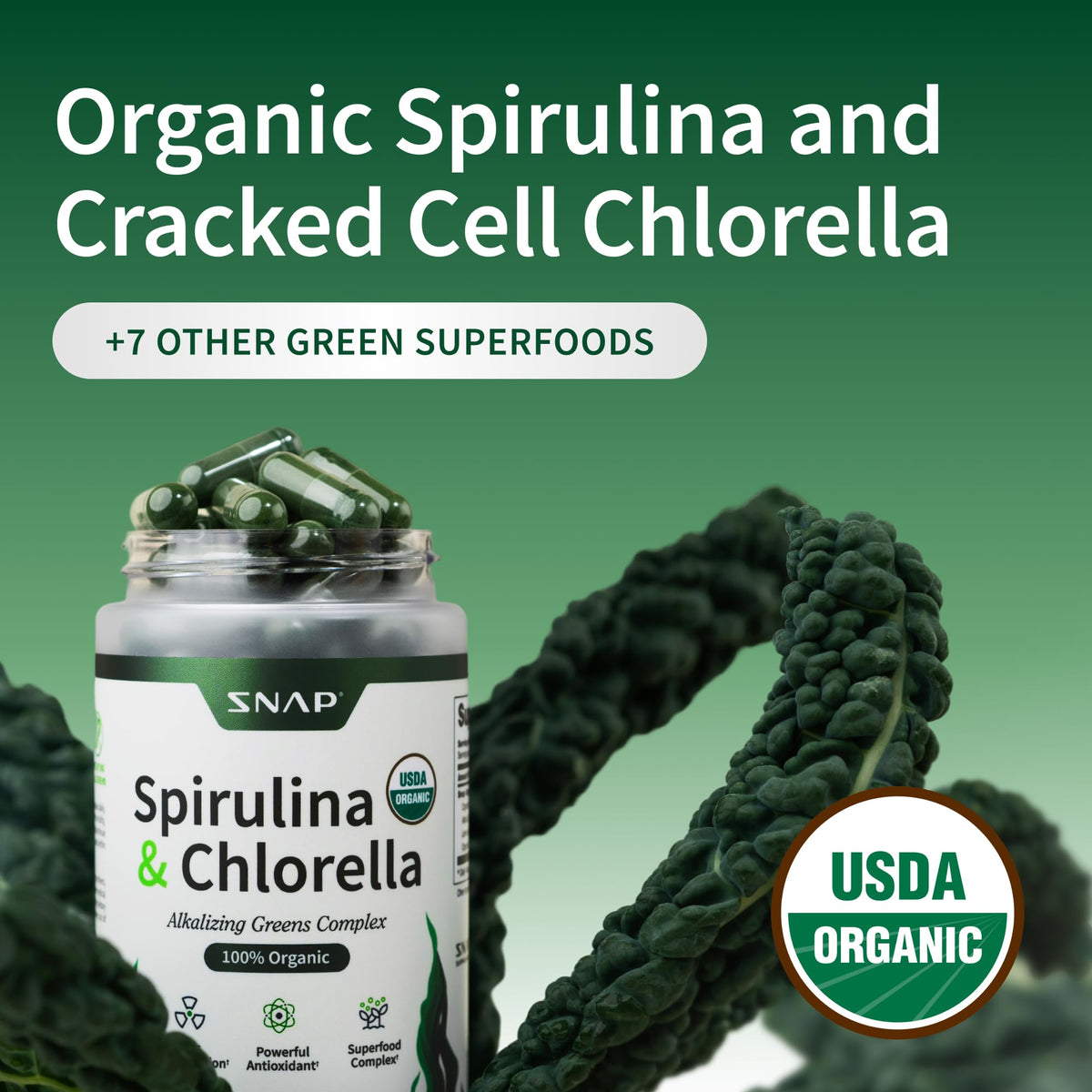 Snap Supplements Spiruline et Chlorelle 120 capsules, emballage