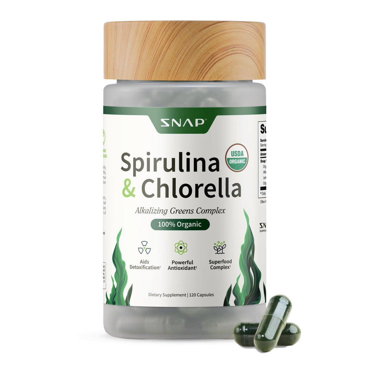 Snap Supplements Spiruline et Chlorelle 120 capsules végétaliennes, vue de face