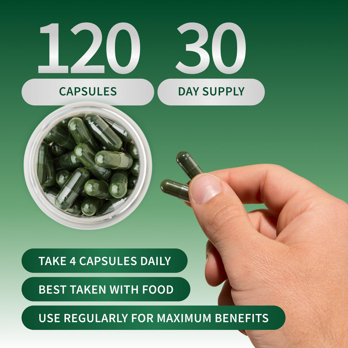 Snap Supplements Spiruline et Chlorelle, capsules sur une surface en bois