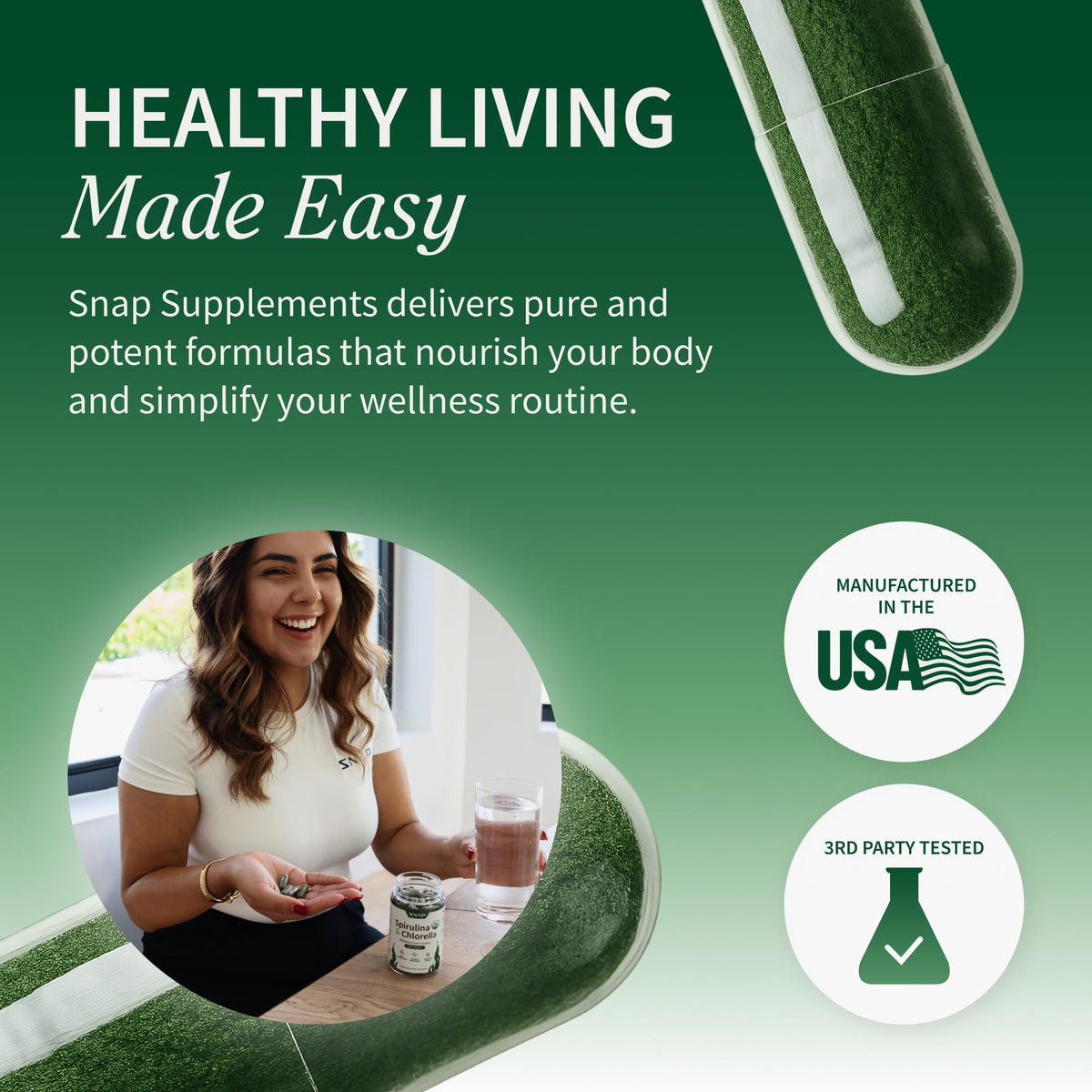 Snap Supplements Spiruline et Chlorelle, vue du flacon ouvert