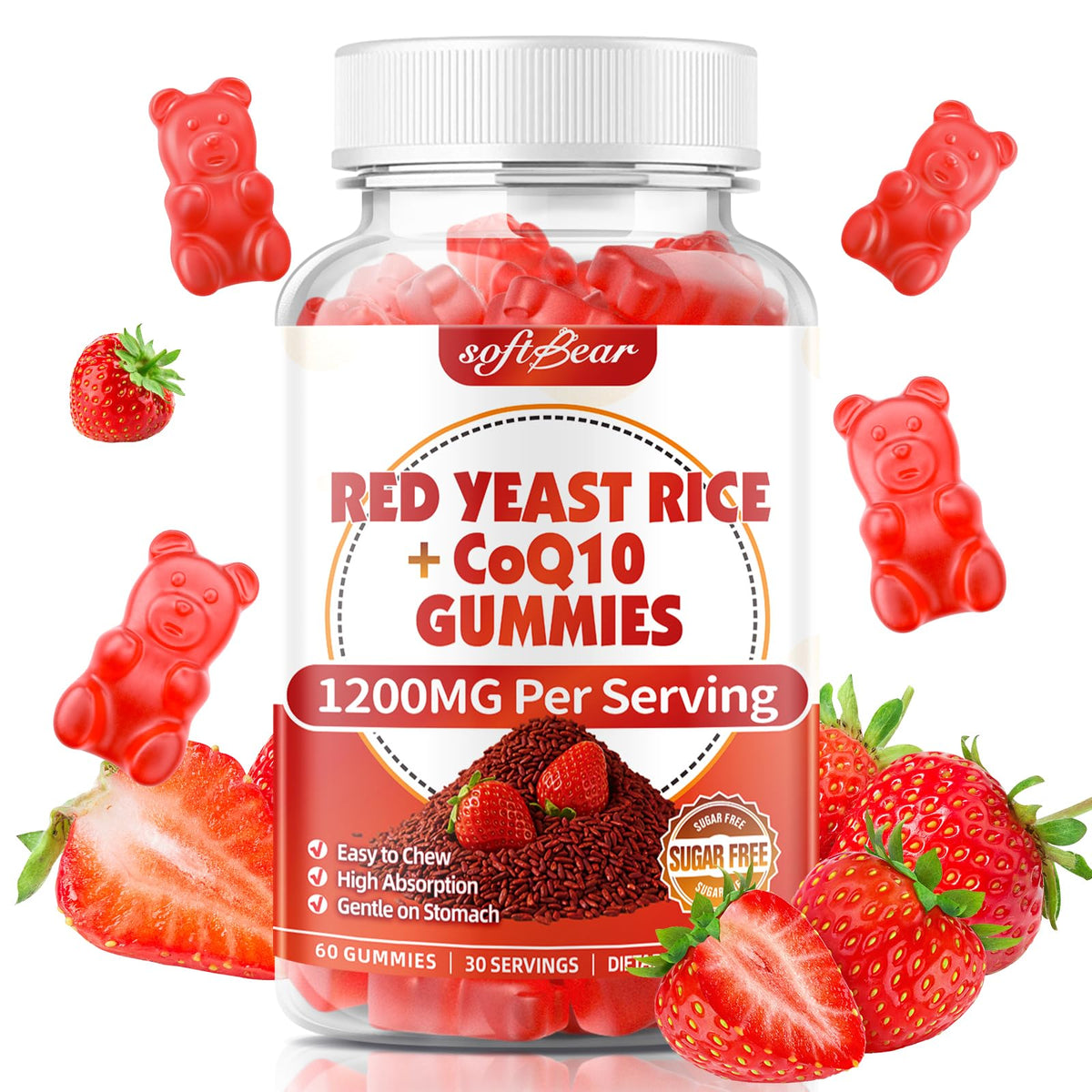 softbear Gélifiés Riz Rouge avec CoQ10 1200mg, 60 gummies au goût de fraise