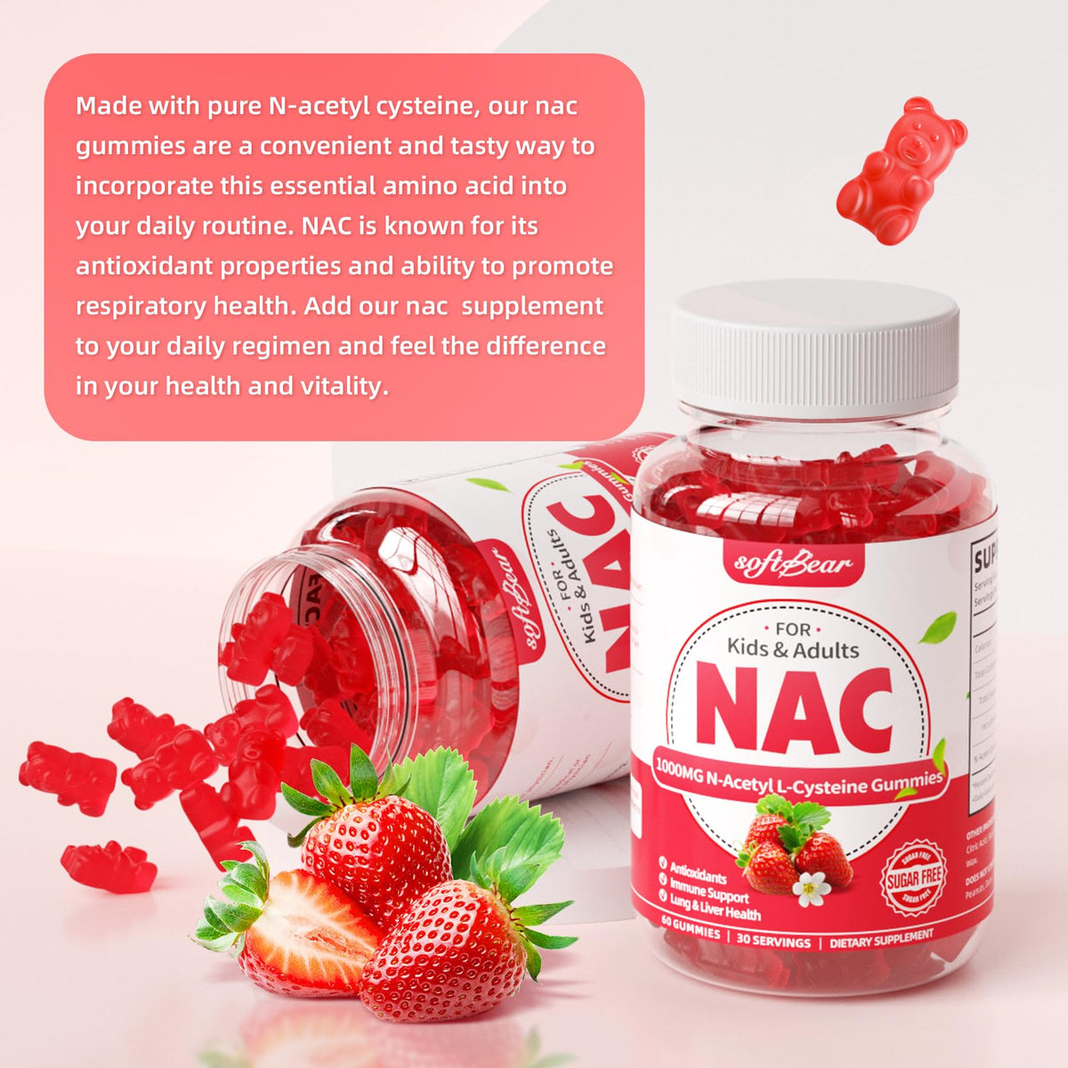 softbear Gummies NAC 1000mg gummies fraise sur une table