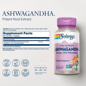 SOLARAY Ashwagandha 470 mg 60 VegCaps packaging avec informations