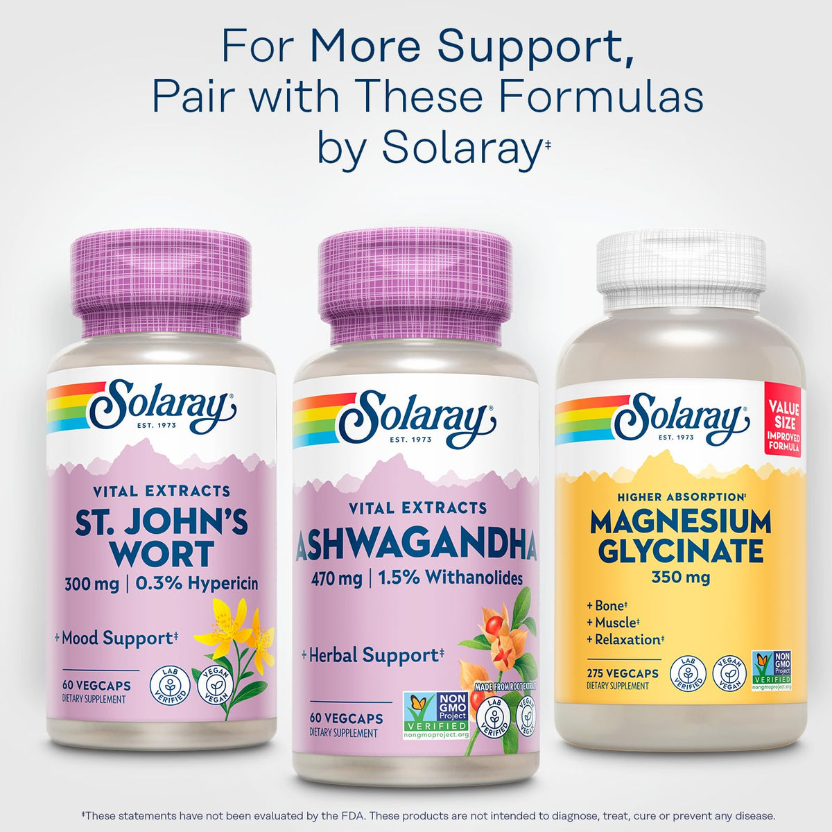 SOLARAY Ashwagandha 470 mg 60 VegCaps sur fond de table en bois