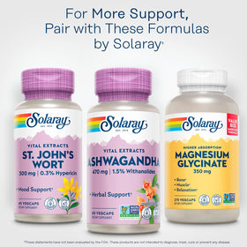 SOLARAY Ashwagandha 470 mg 60 VegCaps sur fond de table en bois