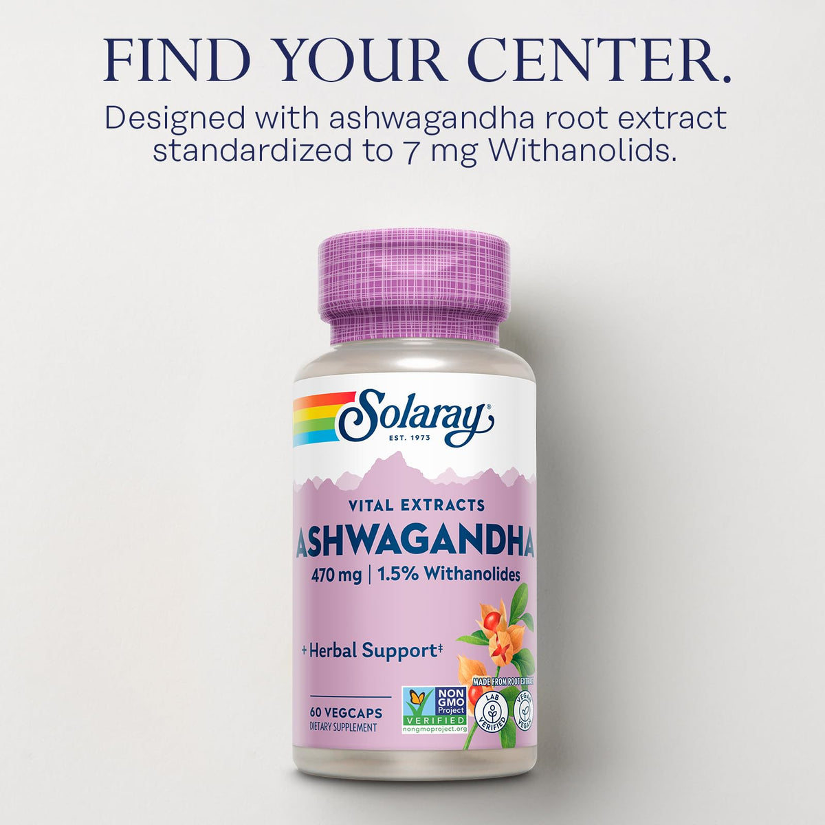 SOLARAY Ashwagandha 470 mg VegCaps sur une table