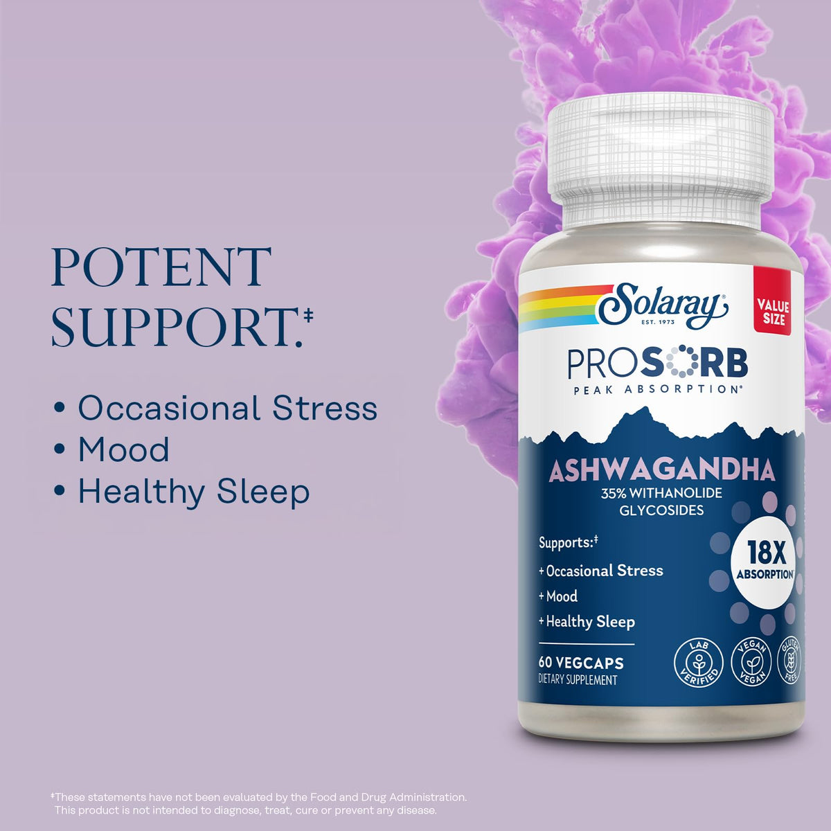 SOLARAY Ashwagandha Capsules showing dosage information