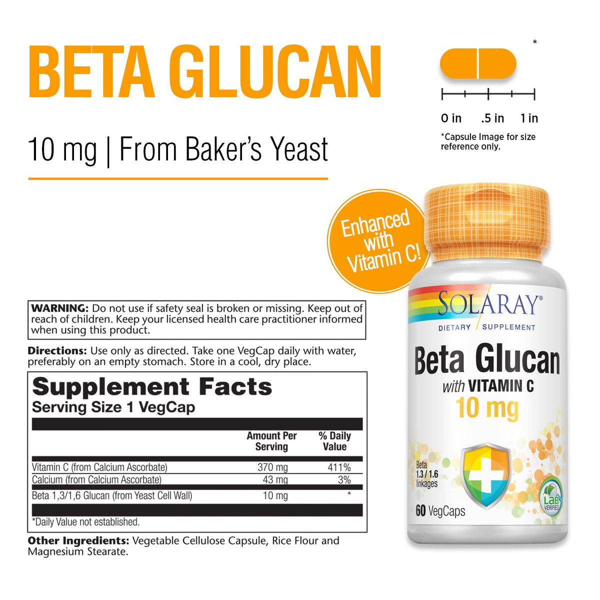 SOLARAY Beta Glucan avec Vitamine C 370 mg 60 VegCaps - contenu des capsules