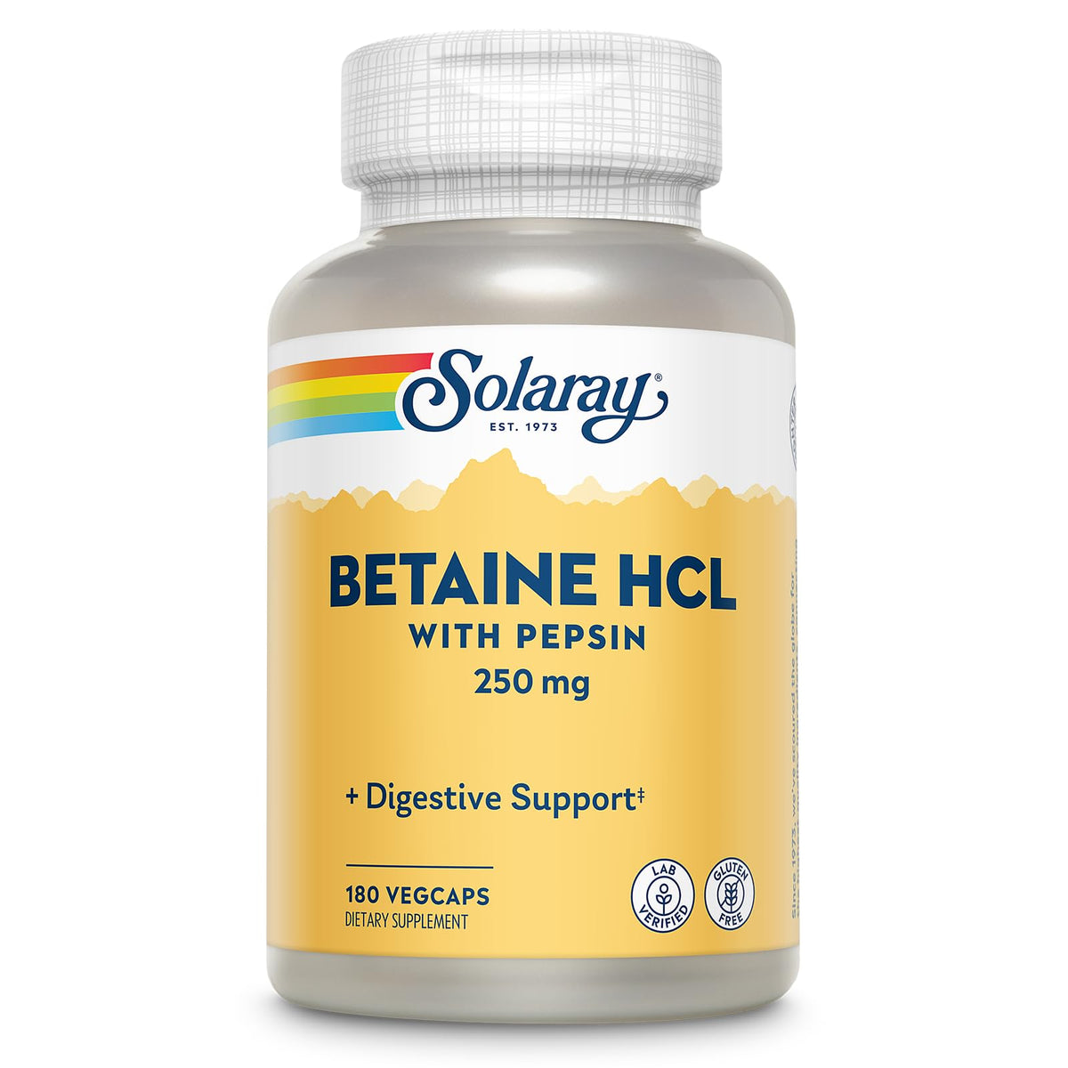SOLARAY Betaine HCl avec Pepsine 250 mg 180 VegCaps - vue avant