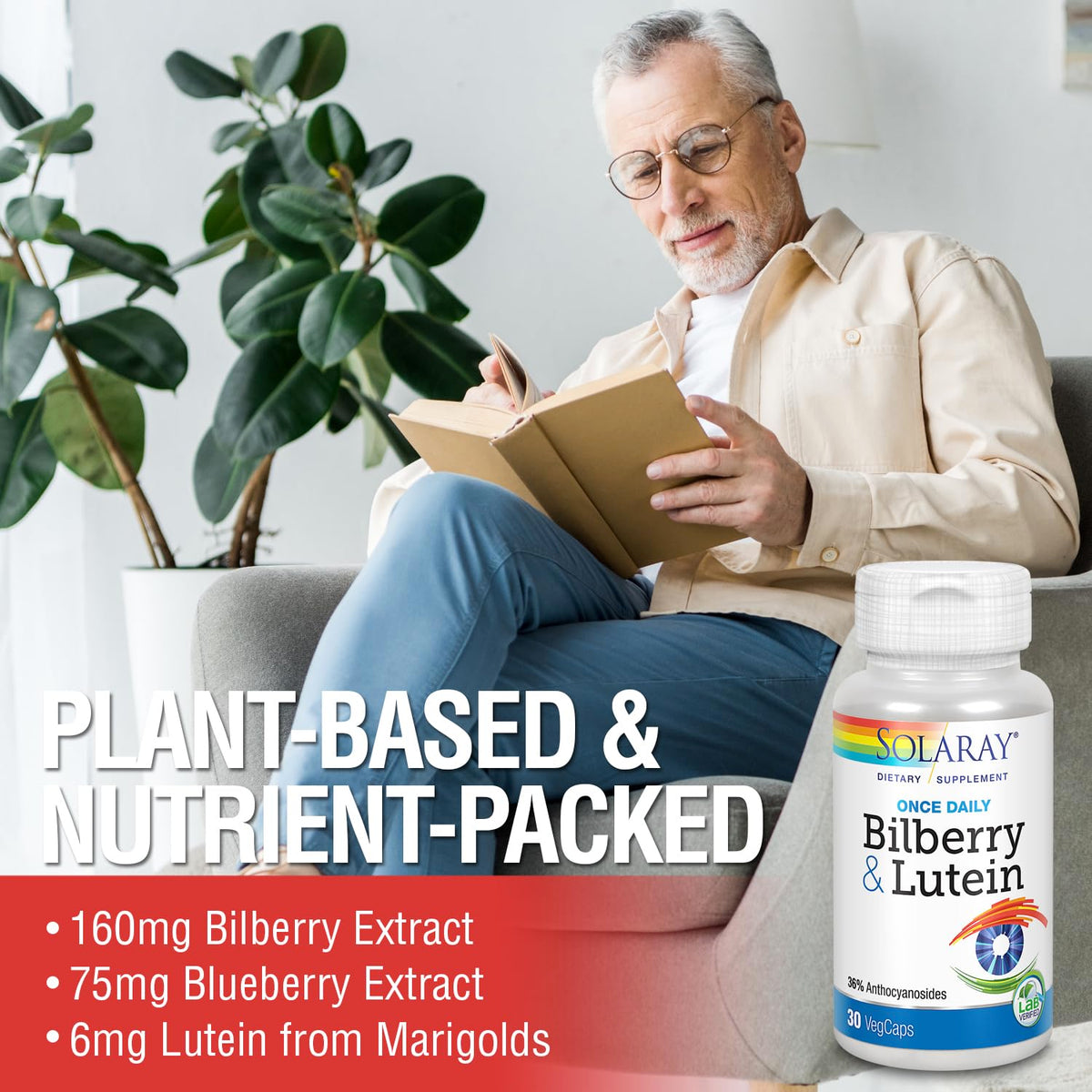 SOLARAY Bilberry & Lutein 160 mg à côté de quelques myrtilles