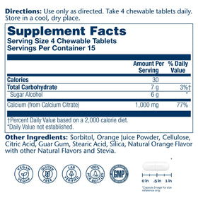 SOLARAY Calcium Citrate 1000 mg Chewables Saveur Orange - dosage de 4 tablettes