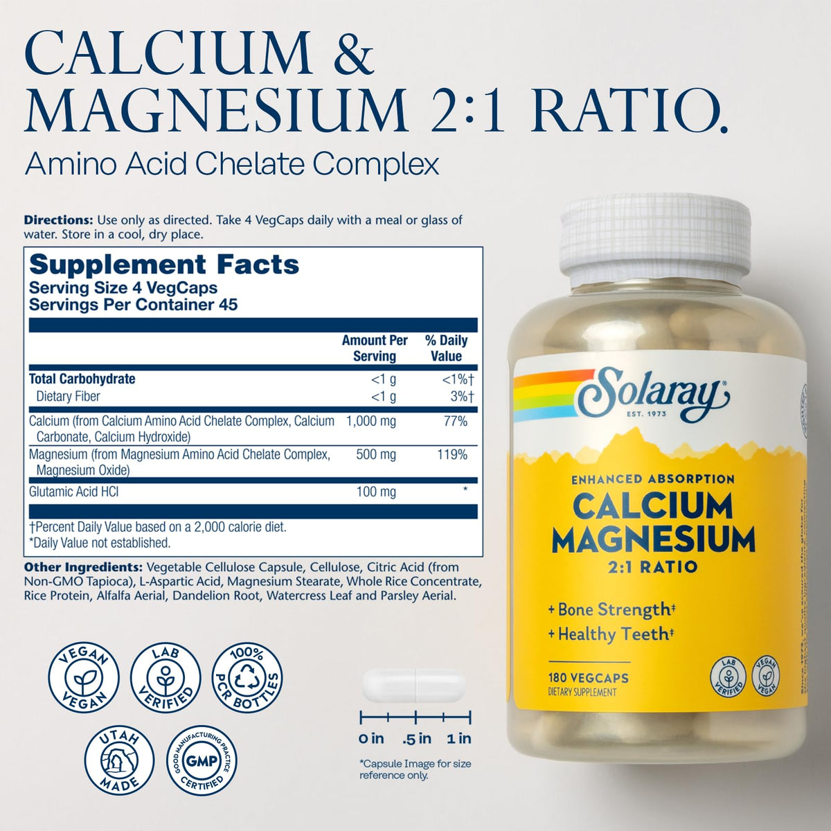 SOLARAY Calcium Magnésium 2:1 180 VegCaps étiquette avec spécifications