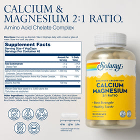SOLARAY Calcium Magnésium 2:1 180 VegCaps étiquette avec spécifications