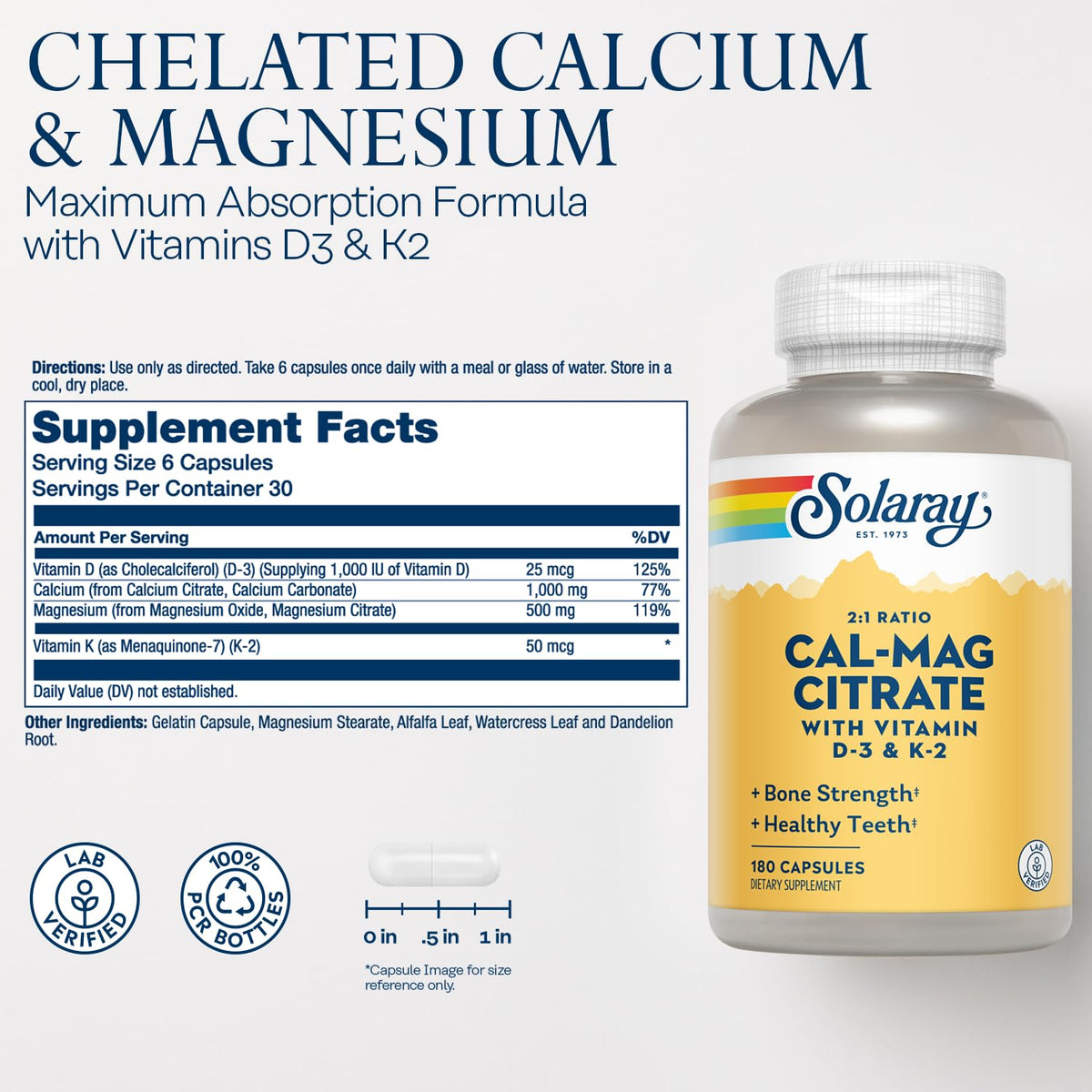 SOLARAY Calcium Magnésium Citrate 2:1 étiquette avec informations nutritionnelles