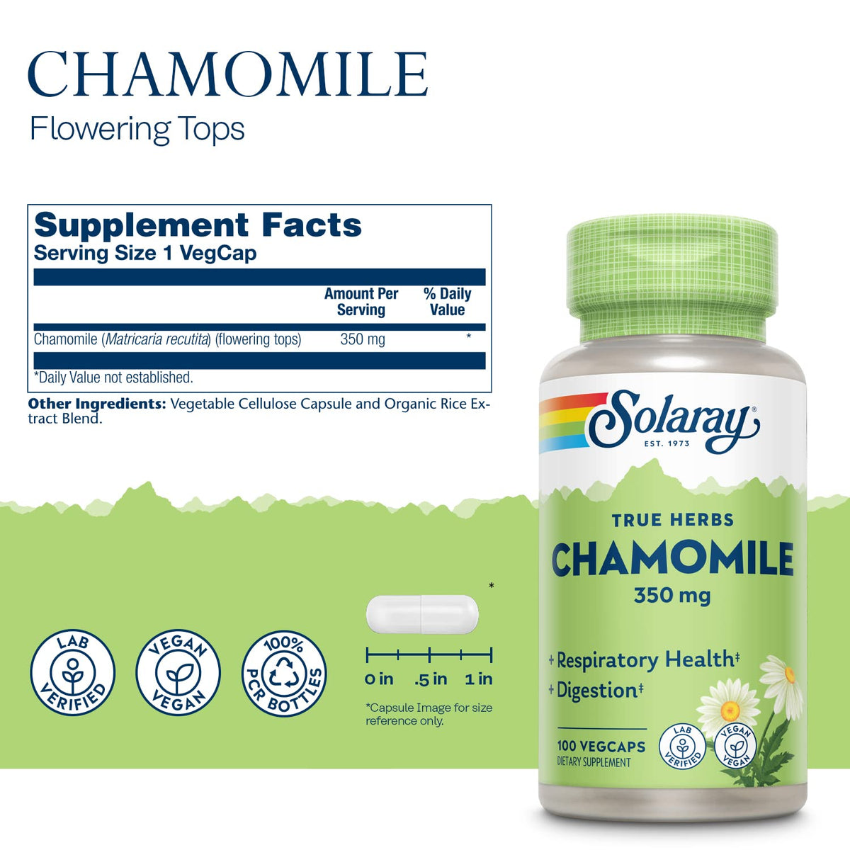 SOLARAY Camomille 100 VegCaps avec capsules sur une surface