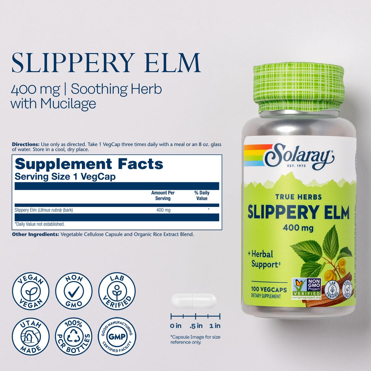 SOLARAY capsules d'écorce de Slippery Elm 400 mg prise en main