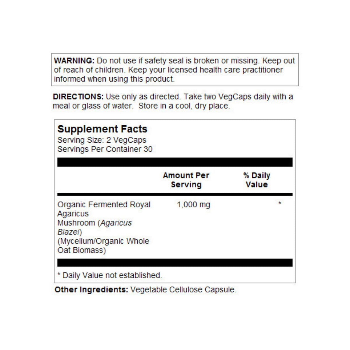 SOLARAY Champignon Agaricus Royal Fermenté 500 mg 60 VegCaps - étiquette et informations