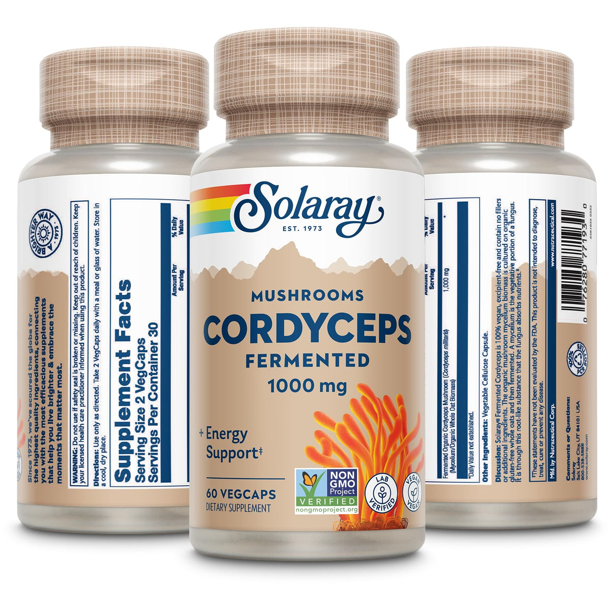 SOLARAY Champignon Cordyceps Fermenté 60 VegCaps avec capsules visibles