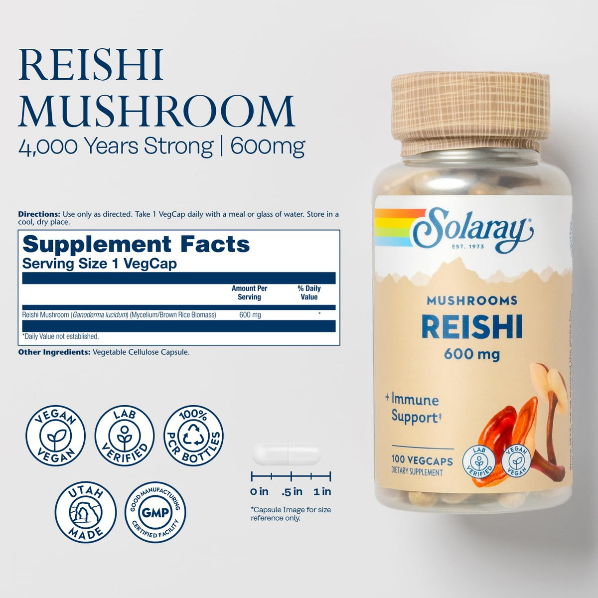 SOLARAY Champignon Reishi 600 mg 100 VegCaps - emballage recyclé
