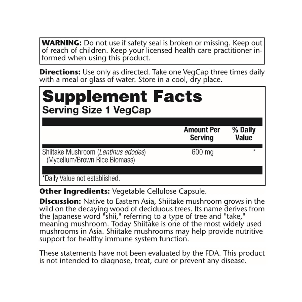 SOLARAY Champignon Shiitake 600 mg boîte ouverte